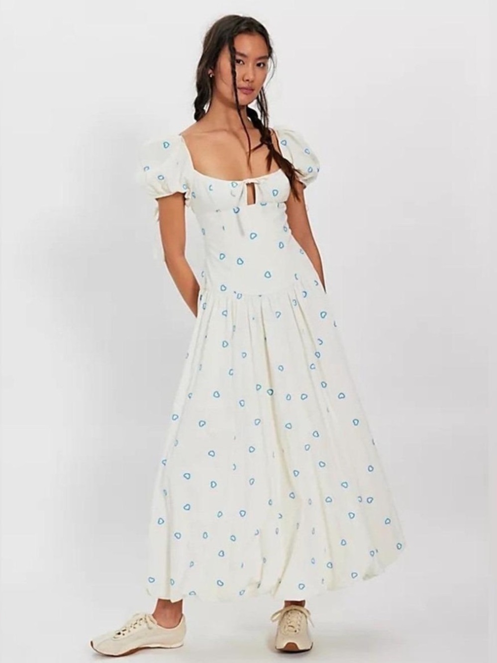Free People Ivory Maxi Dress with Blue heart Print puff sleeve cotton
